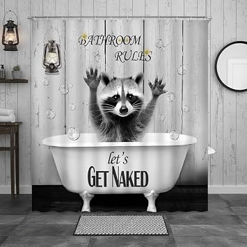 Funny Raccoon Shower Curtain Lovely Animals in Bathtub Bubble Yellow Floral Rustic Wooden Board Wildlife Bathroom Decor Fabric Curtains with Hook 70Wx70H Inches