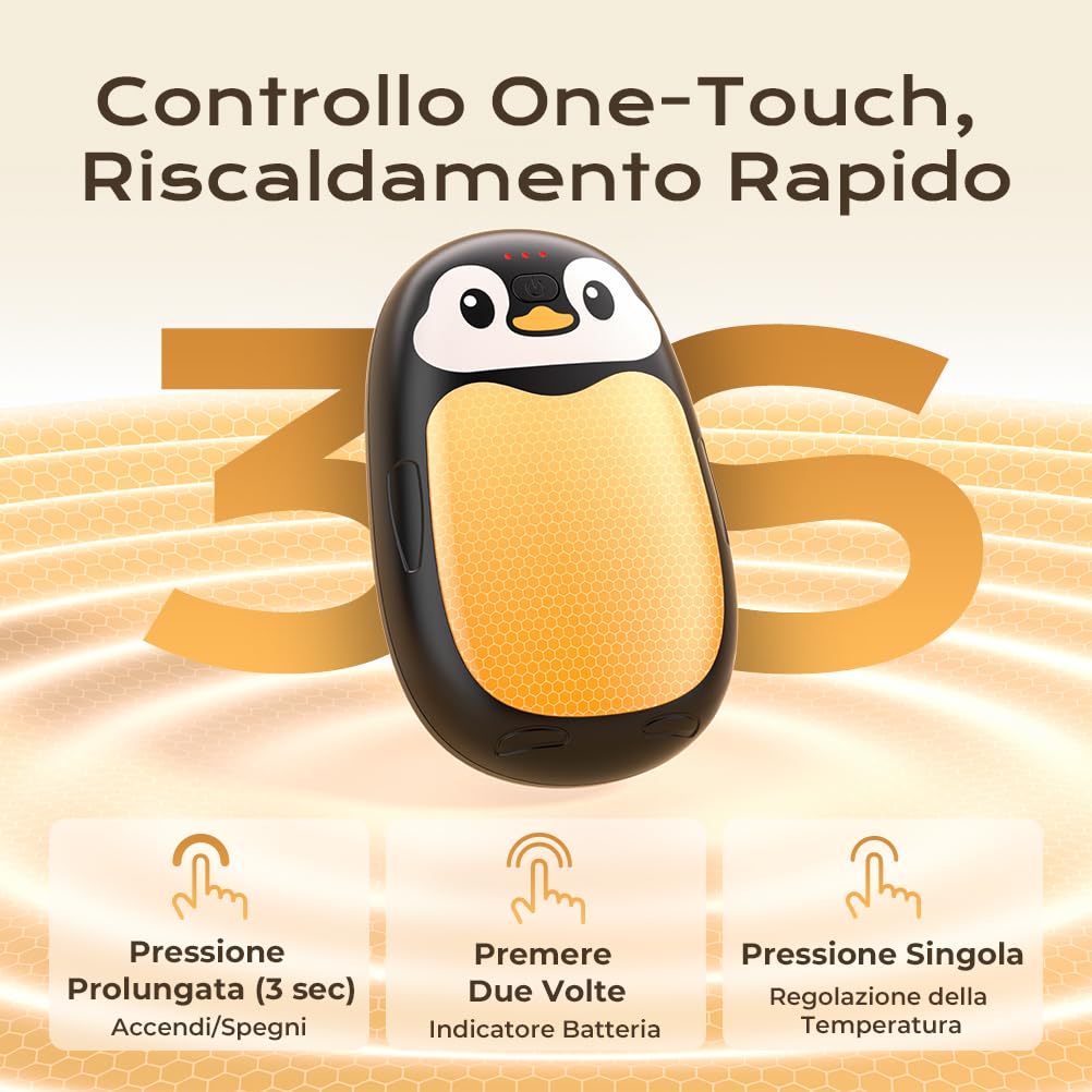 VOSFEEL Scaldamani Elettrico, Pinguino Scaldamani Carino 2 Pack, Ricaricabile e Riutilizzabile, Portatile, 23 Ore, Riscaldamento Rapido, Adatto per Esterno, Campeggio