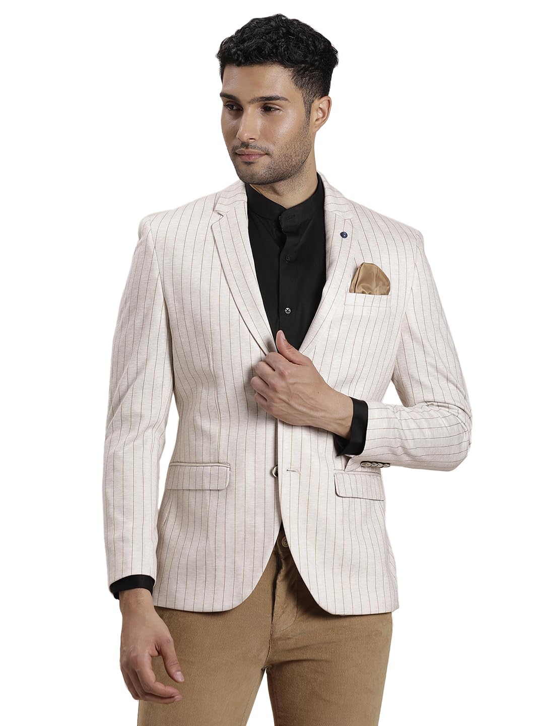 Men Knitted TR Stripes Grey Blazer-image-40