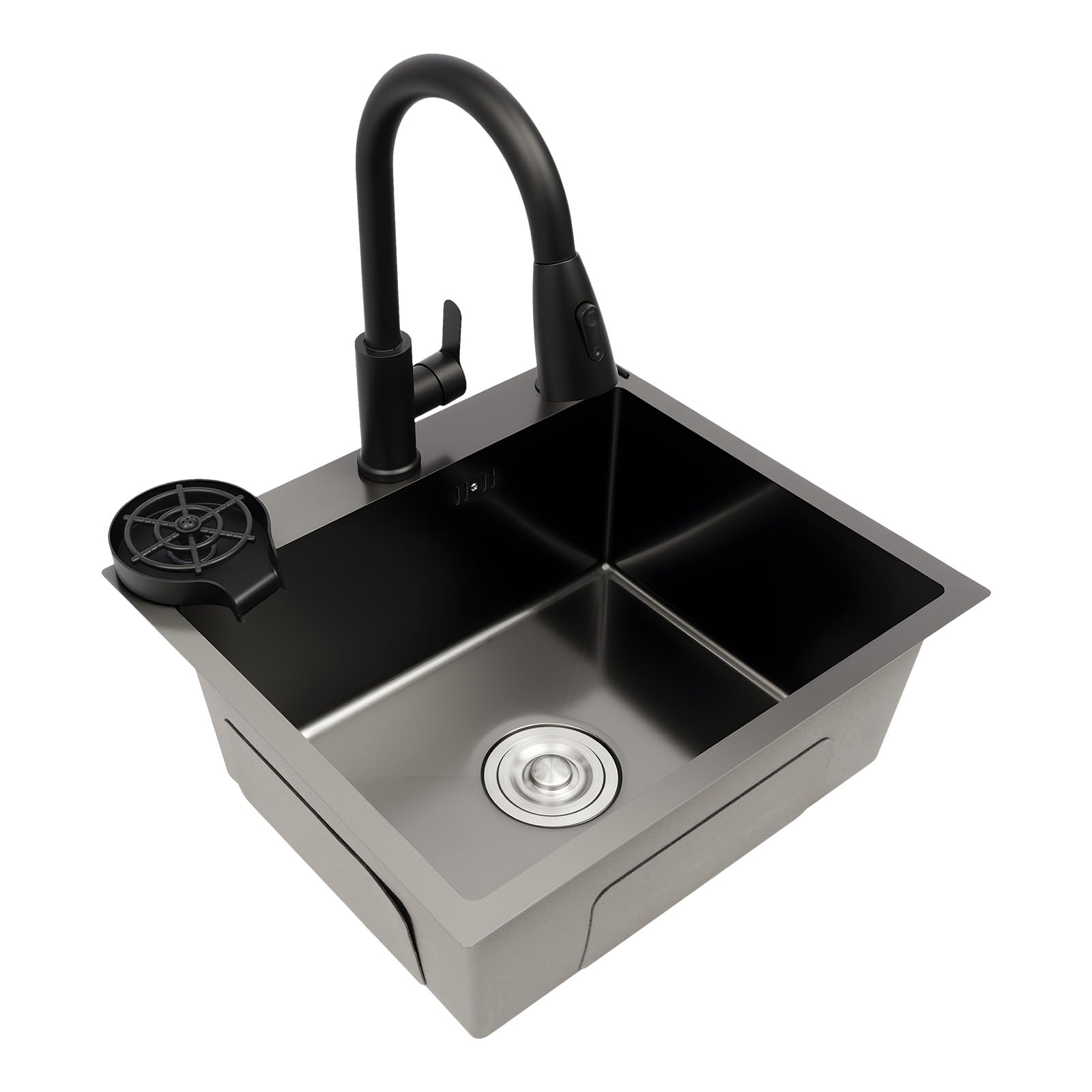 Fregadero de cocina de acero inoxidable 201, 50 x 45 cm, color negro, 1 lavabo, moderno, con grifo extensible, tubo de drenaje, dispensador de jabón, escurridor para cocina, gastronomía
