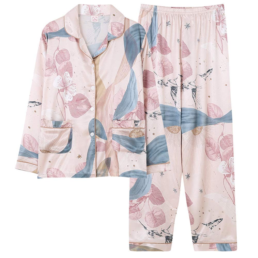 Zestaw piżam satynowych dla kobiet, zestaw nocny z satyny jedwabnej dla kobiet, koszula z długim rękawem zapinana na guziki i spodnie z kieszeniami, damska jesienna moda,Pink-XXL