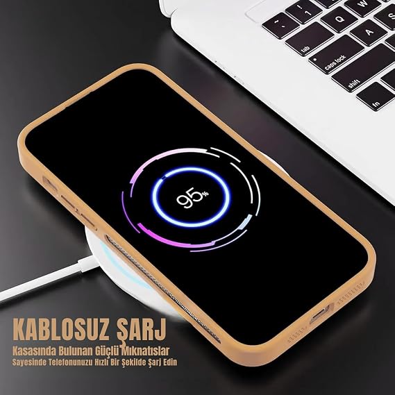 MADNOVA iPhone 15 için Kılıf Kamera Korumalı Magsafe Wireless Şarj Özellikli Lens Hediyeli Mat Şeffaf Renkli Standlı Kılıf (ÇÖL)