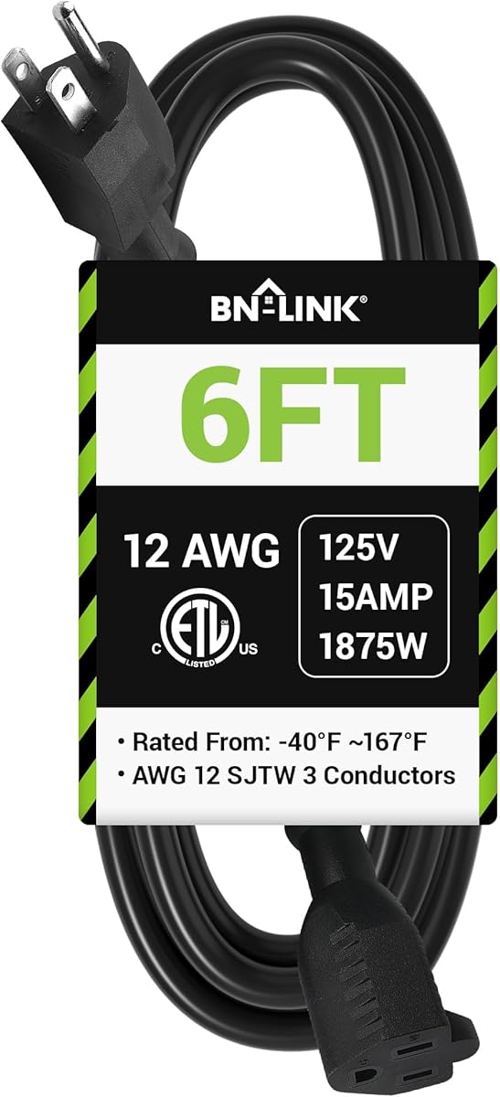 BN-LINK 6ft Outdoor Extension Cord, 12/3 SJTW Heavy Duty Power Cord, 3-Prong Grounded Plug, Weather Resistant, 15A, 1875W, Black, for Lawn, Garden, Appliances, ETL Listed