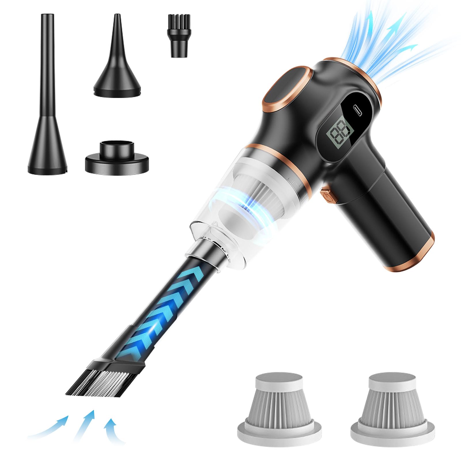 Gotrain Handheld Vacuum Cordless, Car Vacuum Cleaner Powerful 6000Pa Rechargeable Portable Vacuum Cleaner, Car Hoover Powerful with 2 Filters, USB Car Vacuum Cleaner High Power Suction (Black)