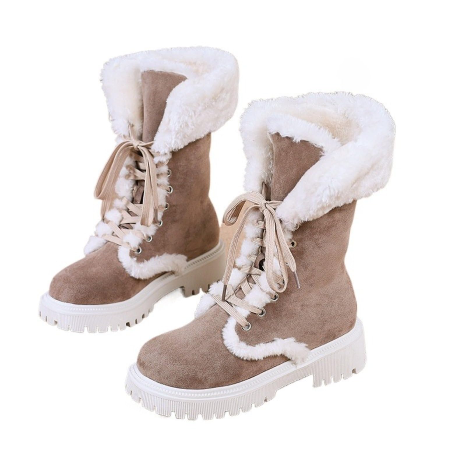 Womens Winter Snow Boots with Fur Lining Chunky Heel Lace-Up Mid Calf Boots for Warmth and Comfort Light