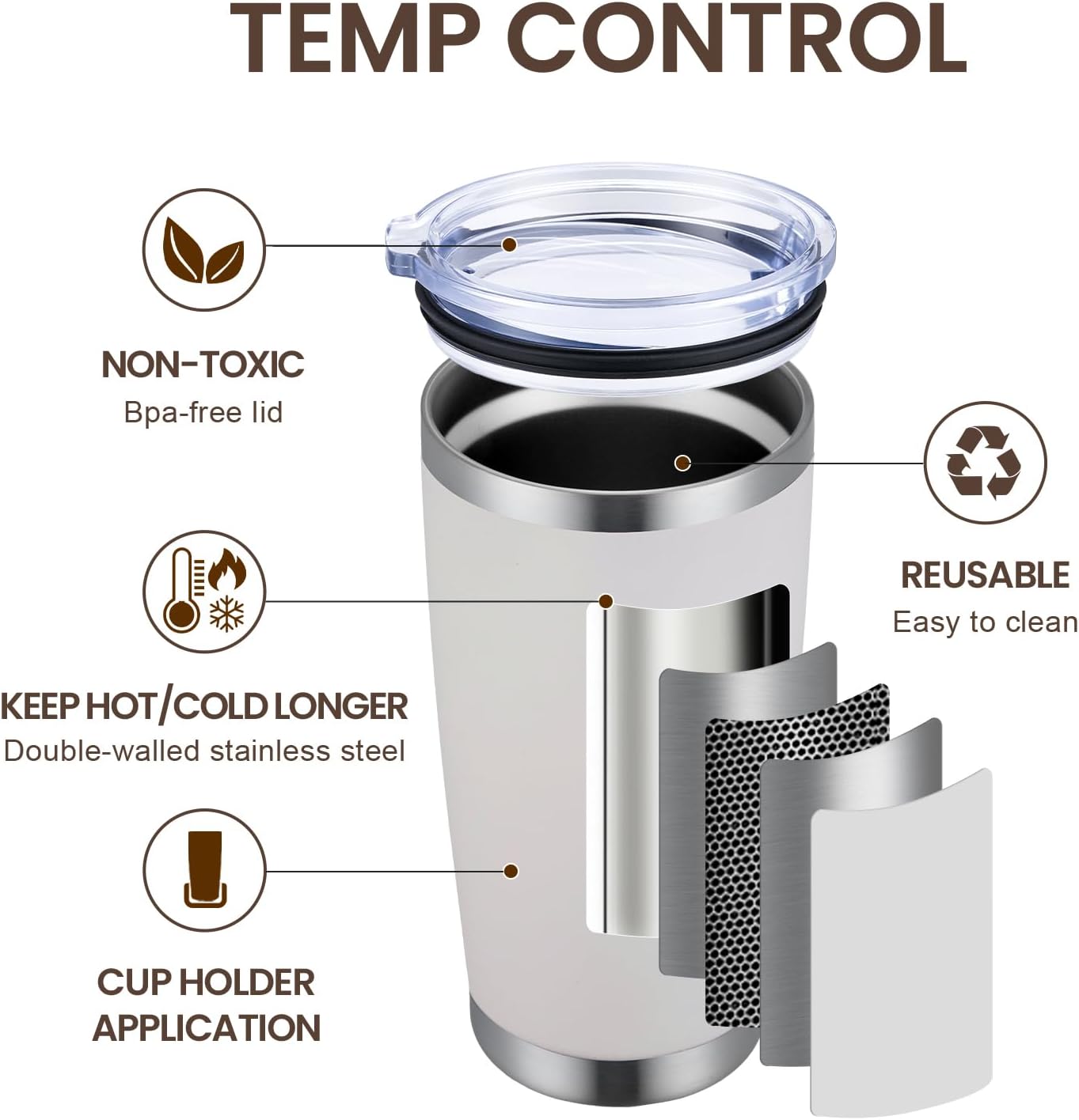 MEWAY 20oz Tumbler 8 Pack Double Wall Vacuum Insulated Travel Mug Bulk, Stainless Steel Tumblers with Lid and Straw, Durable Powder Coated Coffee Cups for Cold & Hot Drinks (White, 8) - Image 2