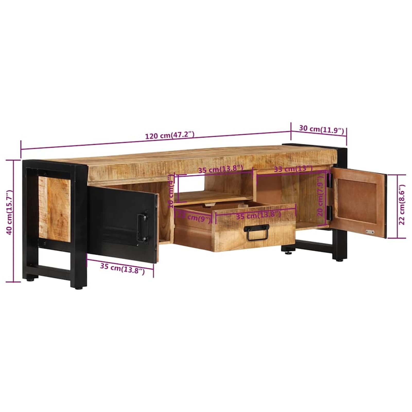 Mobile TV in legno massiccio di mango, design industriale con verniciatura a polvere nera, 120 x 30 x 40 cm, 1 pezzo, soggiorno