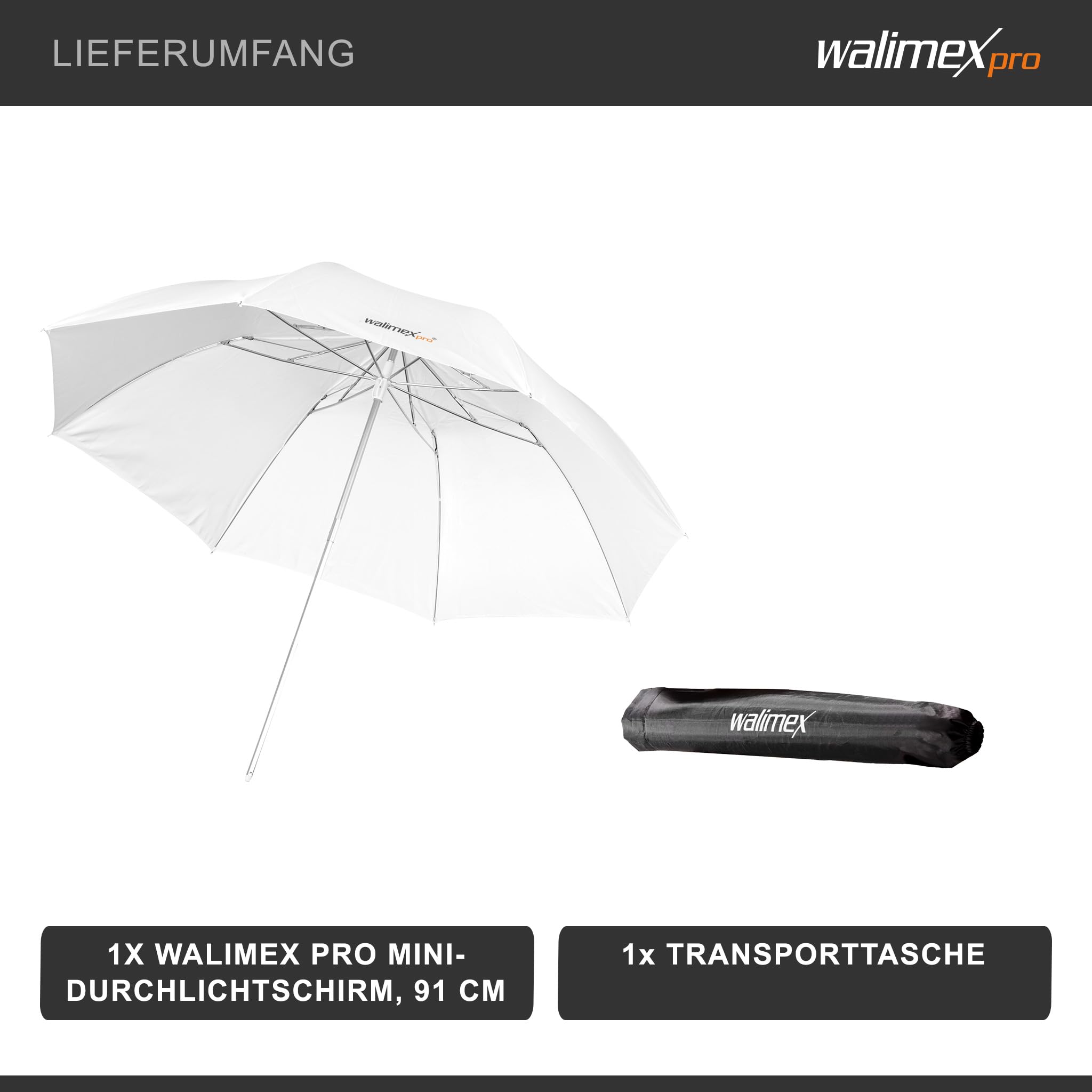Walimex Pro - Mini Paraguas Transparente (91 cm, Plegable, tamaño de Transporte de 40 cm), Blanco