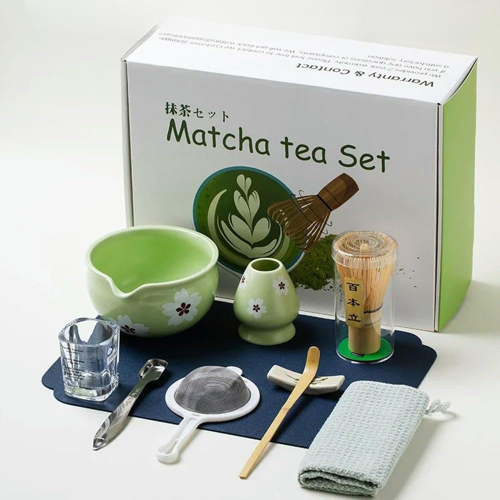 LIUXIN 4/5/7/10 Pezzi Rosa/Verde/Bianco Fiori Ciotola in Ceramica Matcha Frusta da tè Pennello per Il tè Matcha Strumenti Scatola Regalo per Gli Amanti del tè