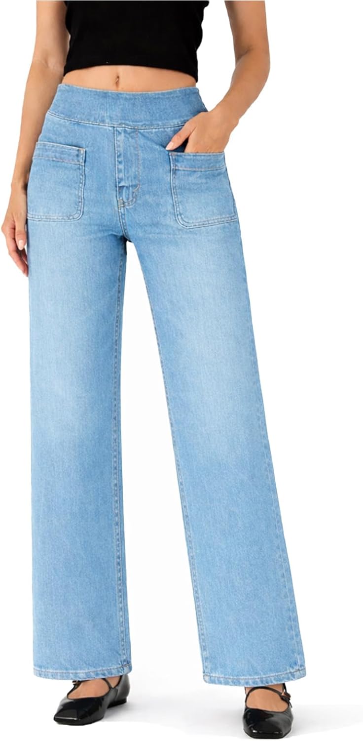 Women High Waisted Pull-On Wide Leg Jeans, Stretch Denim Pants with Pockets