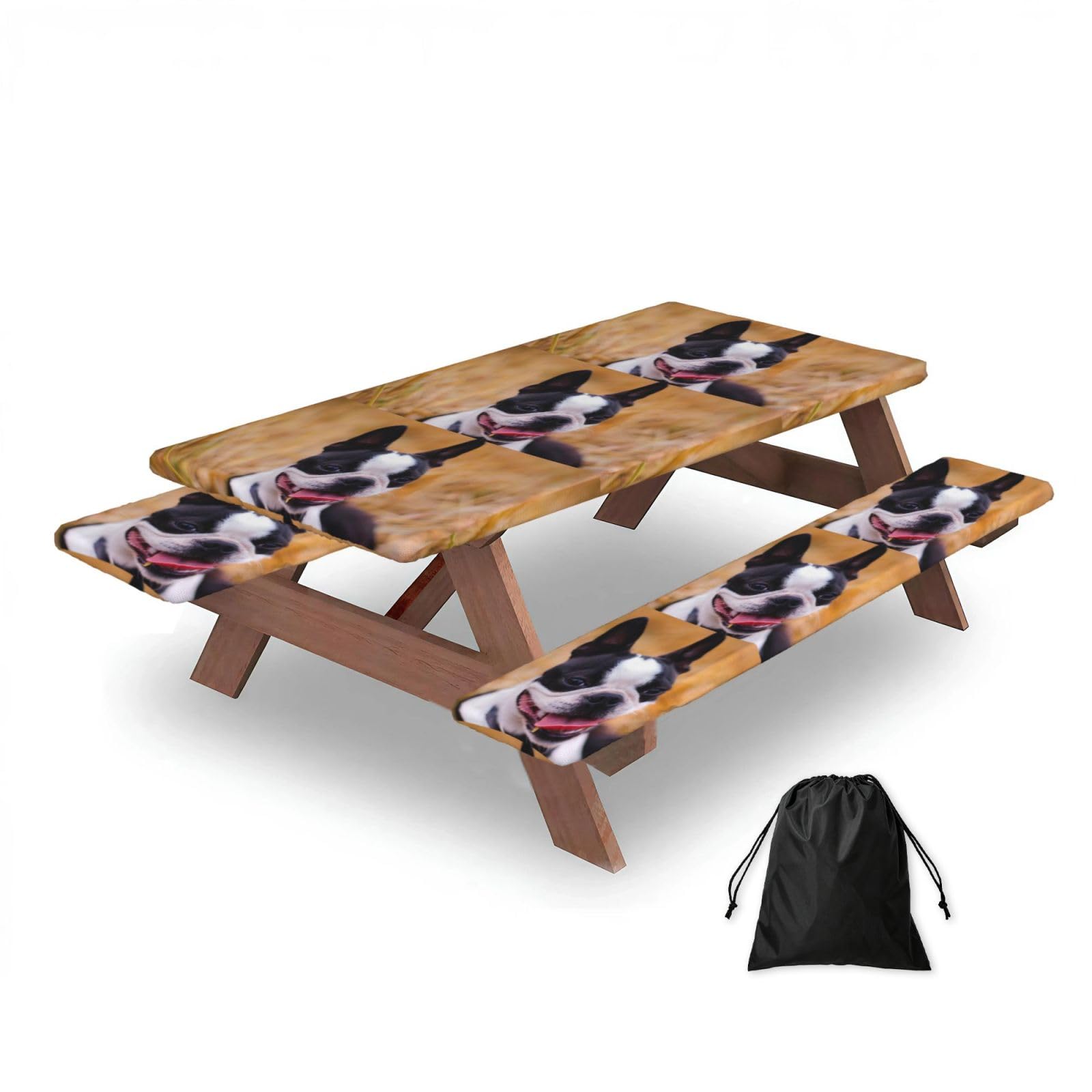 Dopklna As Picture Boston Terrier Bokeh Dogs Pets Boston Terrier, Picnic Table Cover With Bench Covers -Waterproof Elastic Fitted Tablecloth For Garden Camping Patio 76X152cm