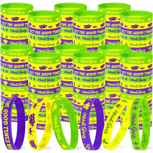 Moon Boat 144PCS Mardi Gras Accessories Bulk Parade Throws Rubber Wristbands Bracelets - Carnival Party Favors Supplies Gifts Decorations 6 Styles