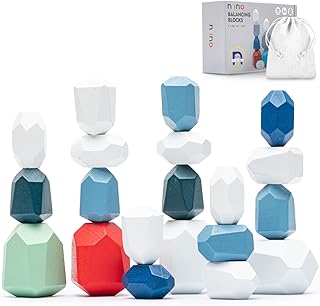 Niino 20 Pcs Wooden Blocks-Wooden Stone Balancing Blocks Wood Stacking Toys Montessori Learning Toy Building Blocks Stacking Rocks Colorful Natural Rainbow Stacking Sensory Toy