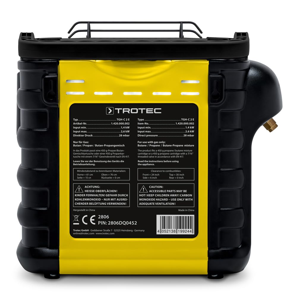 TROTEC Calentador de gas TGH-C 2 E 2,6 kW – Calentador de gas para camping con encendido piezoeléctrico, 2 niveles de calor, sensor ODS y protección antivuelco – Calefactor exterior para camping