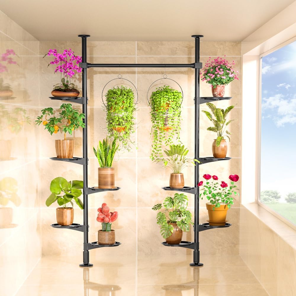 5-Tier 10 Tray Indoor Tall Plant Stand, Plant Pole Spring Tension Rod Expandable Flower Pots Display Rack Stand Metal Corner Storage Shelf