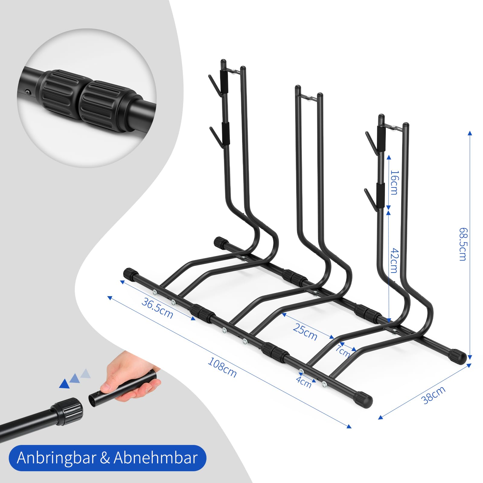 TLGREEN Fahrradständer Abnehmbar Bodenständer für 3 Fahrräder mit Haken, Fahrrad Montageständer Reparaturständer, Reifenbreite bis 70mm, 20-27 Zoll, für Mountainbike MTB Rennrad, Stahl