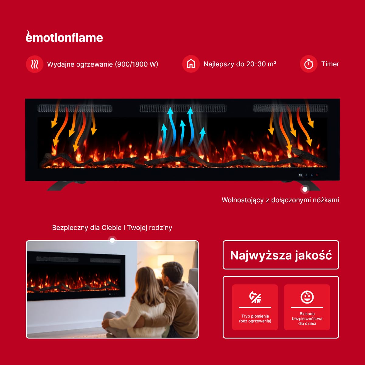 Kominek elektryczny Emotion Flame Monarch 127 - ogień premium - na ścianę i do zabudowy - 127x13x35 cm - kominek LED z grzaniem 900/1800 W