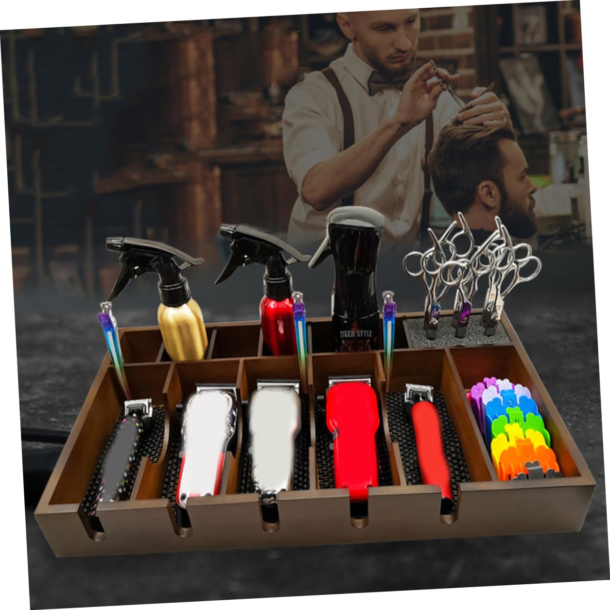 ULTECHNOVO Plateau pour Tondeuse de Barbier en Bois Grosse Capacité et Design à Grille Rationnelle, Organise Efficacement les Outils un Salon de Coiffure