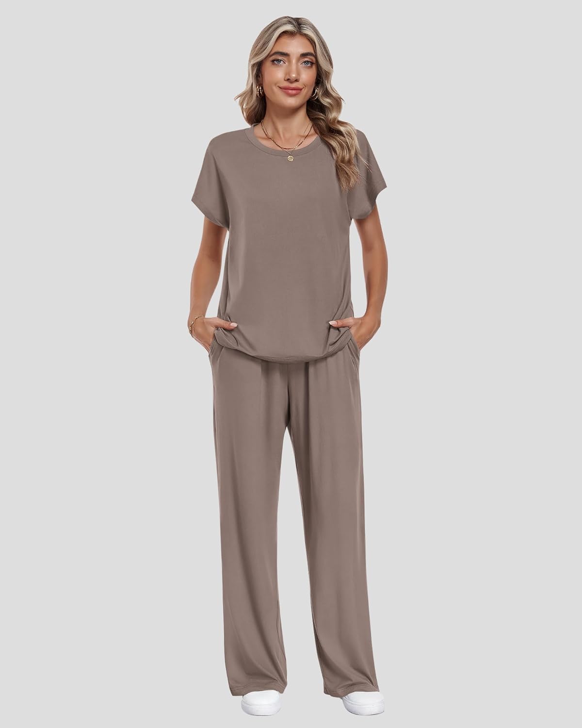 AUSELILY Women's Batwing Short Sleeve Two Piece Sets Summer Crew Neck Wide Leg Pants Matching Sets Women Clothing 2026 - Image 2