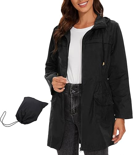 Miniatura 7 de Century Star Chaquetas de lluvia plegables impermeables para mujer con capucha, chaqueta cortavientos ligera