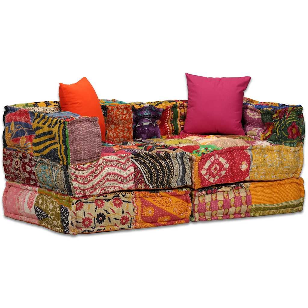 vidaXL Pouf Modulare 2 Posti Tessuto Patchwork Divanetto Sofà Divano Salone