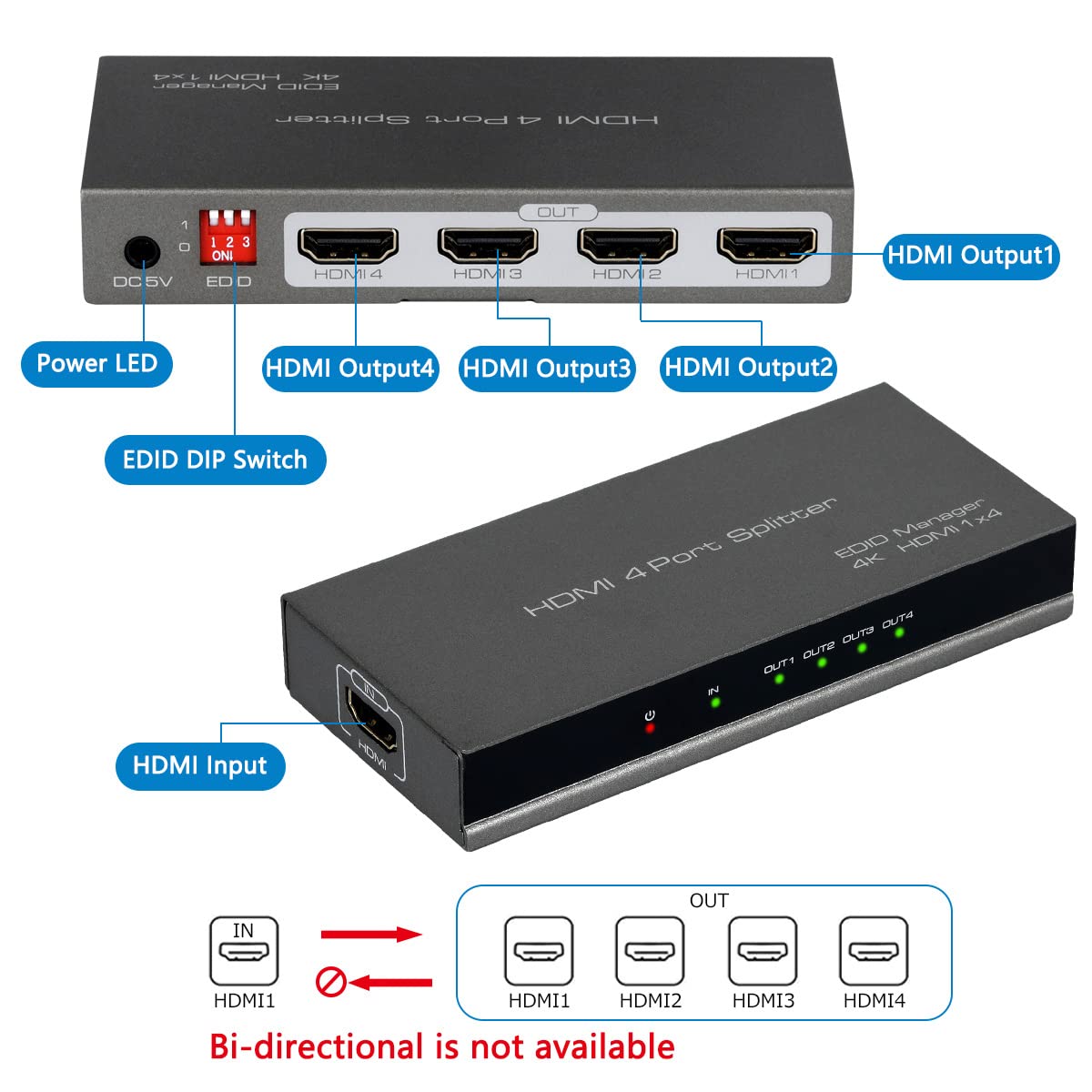 CLOSS HDMI Splitter, 4K HDMI Splitters 1 in 4 Out for Dual Monitors Supports 3D Full HD 1080P Aluminum Compatible for PS4 Fire Stick HDTV(1 Source to 4 Displays) Black CLOSS HDMI Splitter, 4K HDMI Splitters 1 in 4 Out for Dual Monitors Supports 3D Full HD 1080P Aluminum Compatible for PS4 Fire Stick HDTV(1 Source to 4 Displays) Black