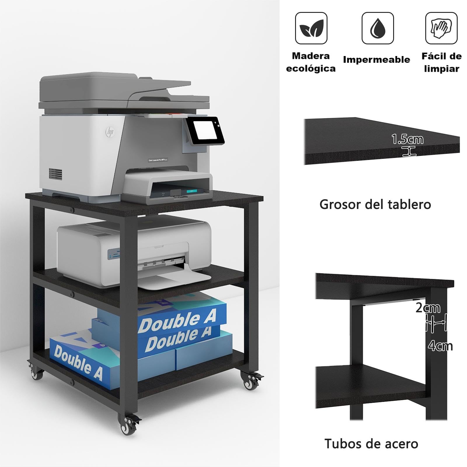 PUNCIA 50 x 50 x 51 cm Soporte para Impresora Estante de 3 Niveles con Ruedas Universales Mueble Móvil Oficina para Impresora de Madera y Metal Carro de Almacenaje para Despacho Escuela Estudio Negro