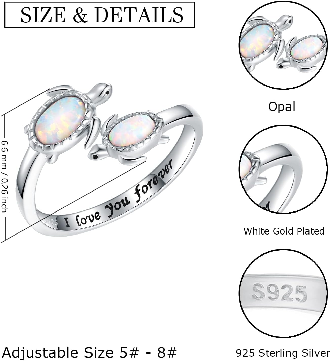 925-Sterling-Silver Opal/Turquoise Sea Turtle/Dolphin/Sea Life Ring - Inspirational I Love You Forever Adjustable Open Nature Ocean Mother Daughter Ring Cute Animal Jewelry Gifts for Women - Image 9