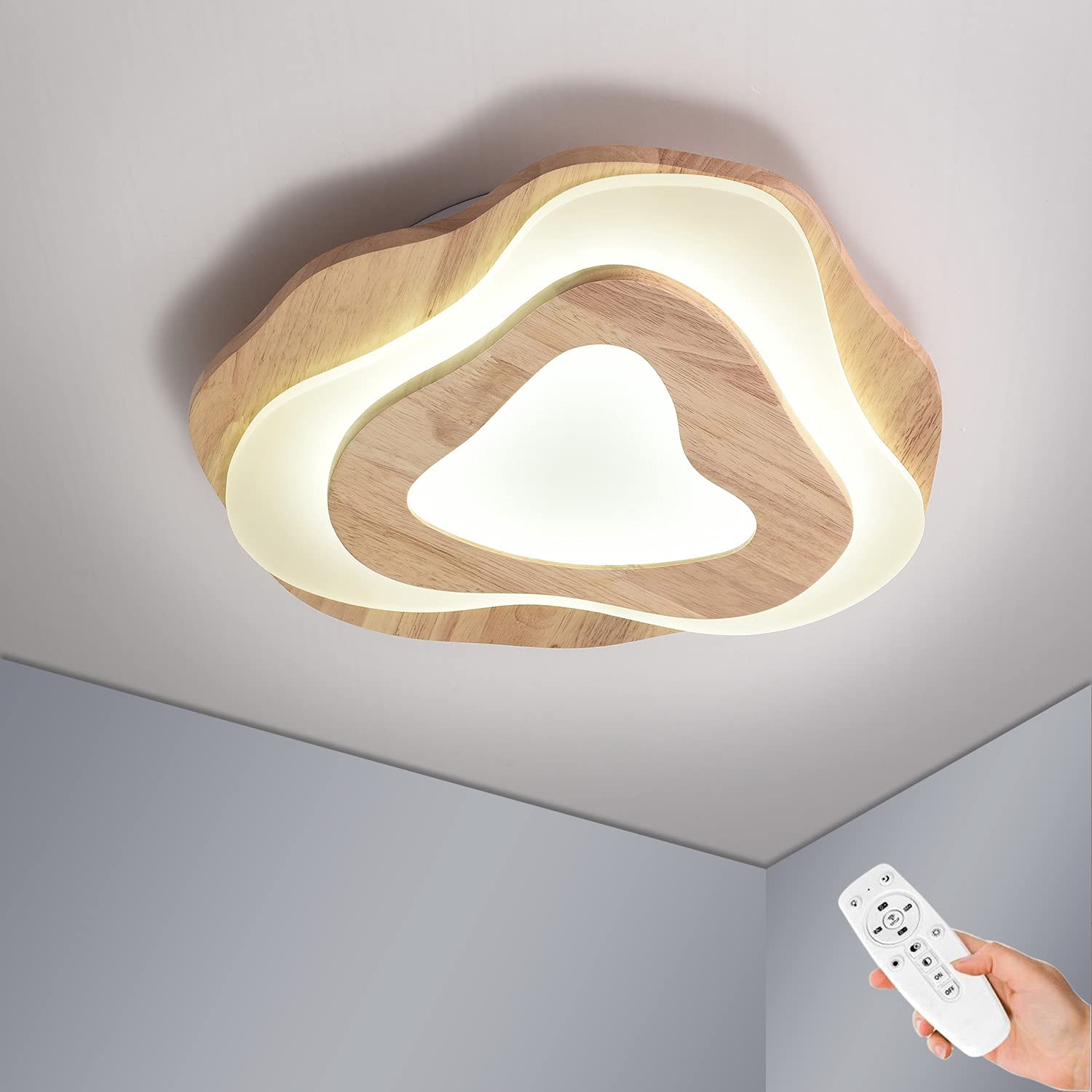 Lámpara de Techo Madera, Plafon LED Techo regulable con mando a distancia, Ø40cm 36W, Plafón Luz de Madera Redonda irregular, Con FuncióN de Memoria Para Cocina Salon Comedor Dormitorio Pasillo