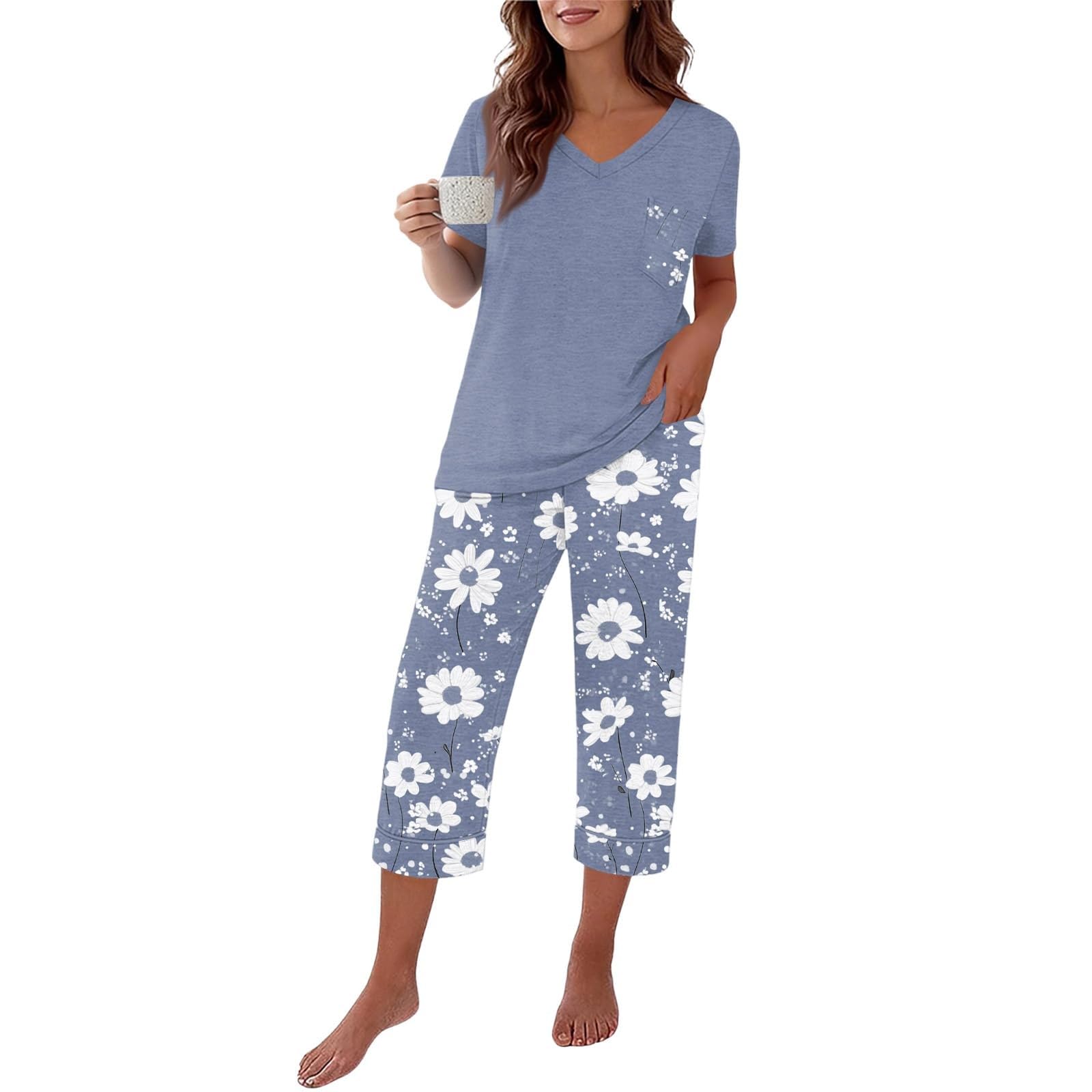 Pigiama Pinocchietto Donna Estivo Set Da Notte T Shirt Con Scollo A V