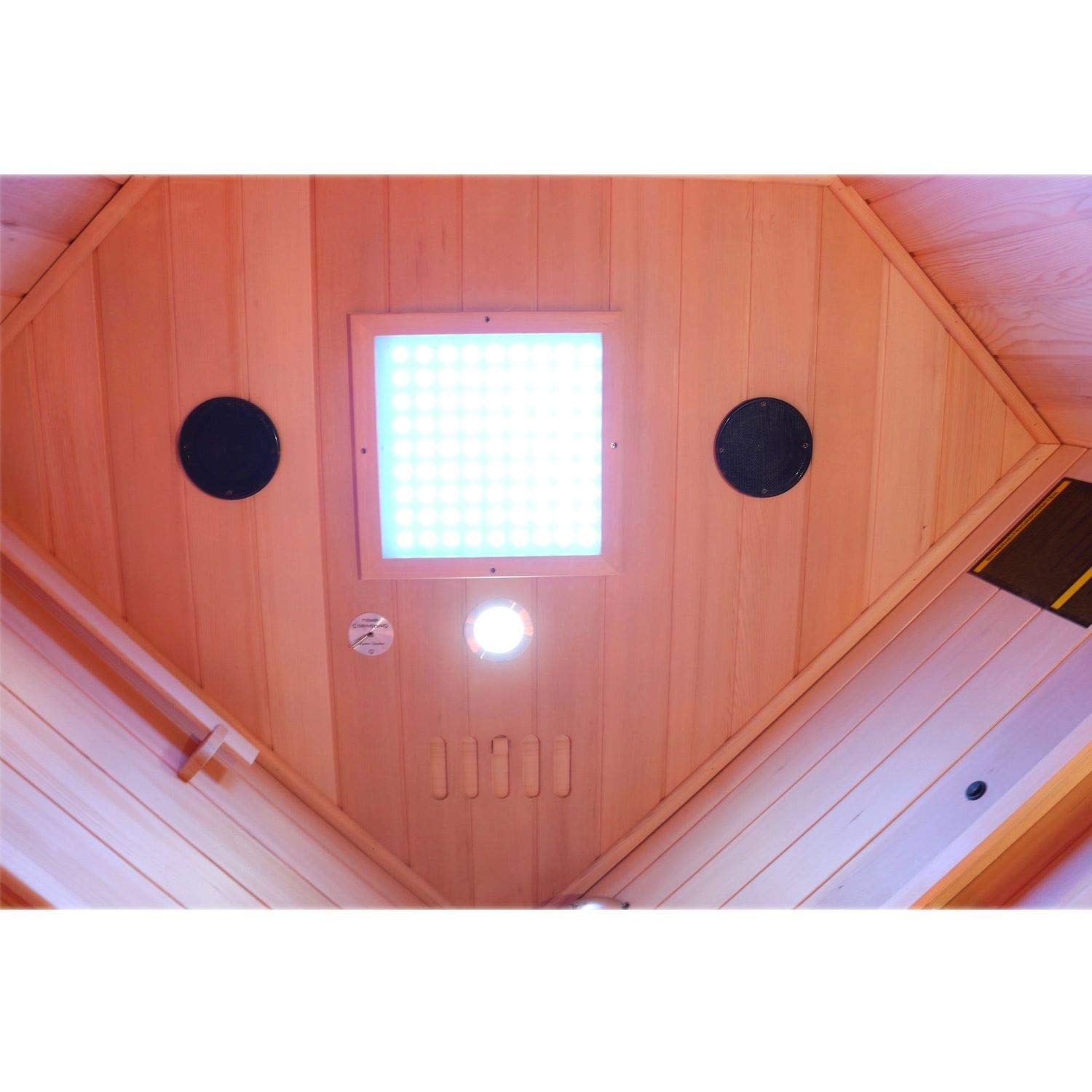 Dewello® Infrarotkabine Infrarotsauna LAKEFIELD 140cm x 140cm für 2-3 Personen aus Hemlock Holz mit Vollspektrumstrahler, LED-Farblicht, Bluetooth, FM,MP3,USB
