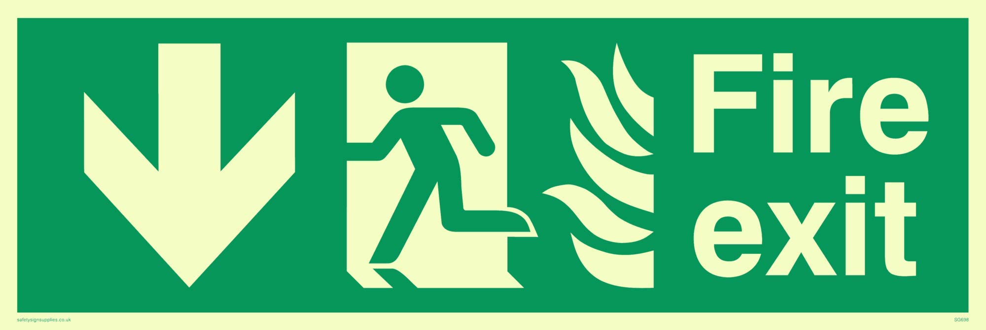 Viking Signs SG698-L31-PV"Fire Exit" Running Man Left Down Arrow Sign, Photoluminescent Sticker, 100 mm H x 300 mm W,Green