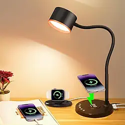 Lâmpada de mesa de LED com carregador sem fio, portas de carregamento USB C + A, lâmpada de cabeceira de metal que cuida dos olhos, lâmpada de leitura regulável em 5 cores, luminária de mesa sensível