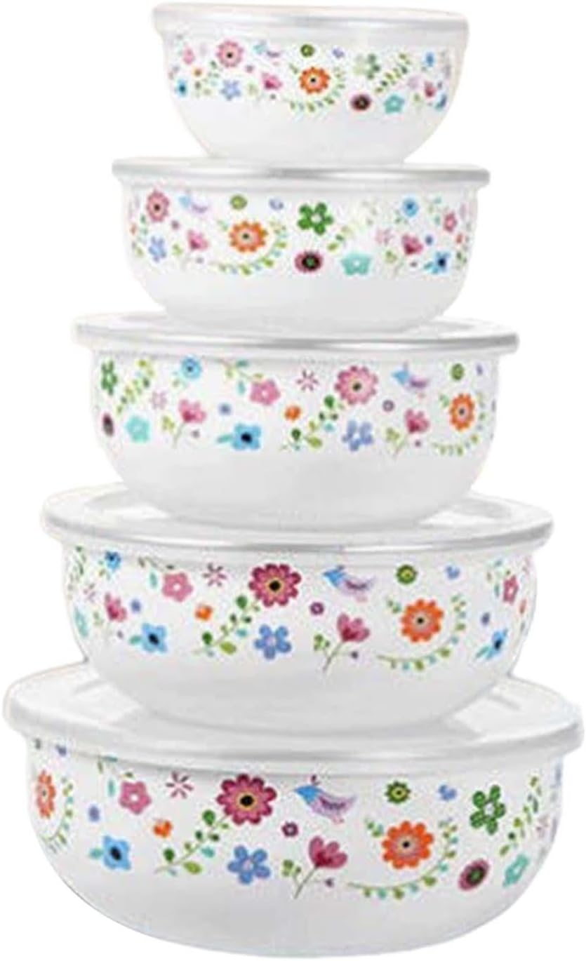 5 Pieces Mixing Bowl Set with Airtight Lids, Enamel Covered Food Prep Bowls for Baking Cakes Biscuits, Kitchen Round Bowls 3.94-7.09 inch- Floral