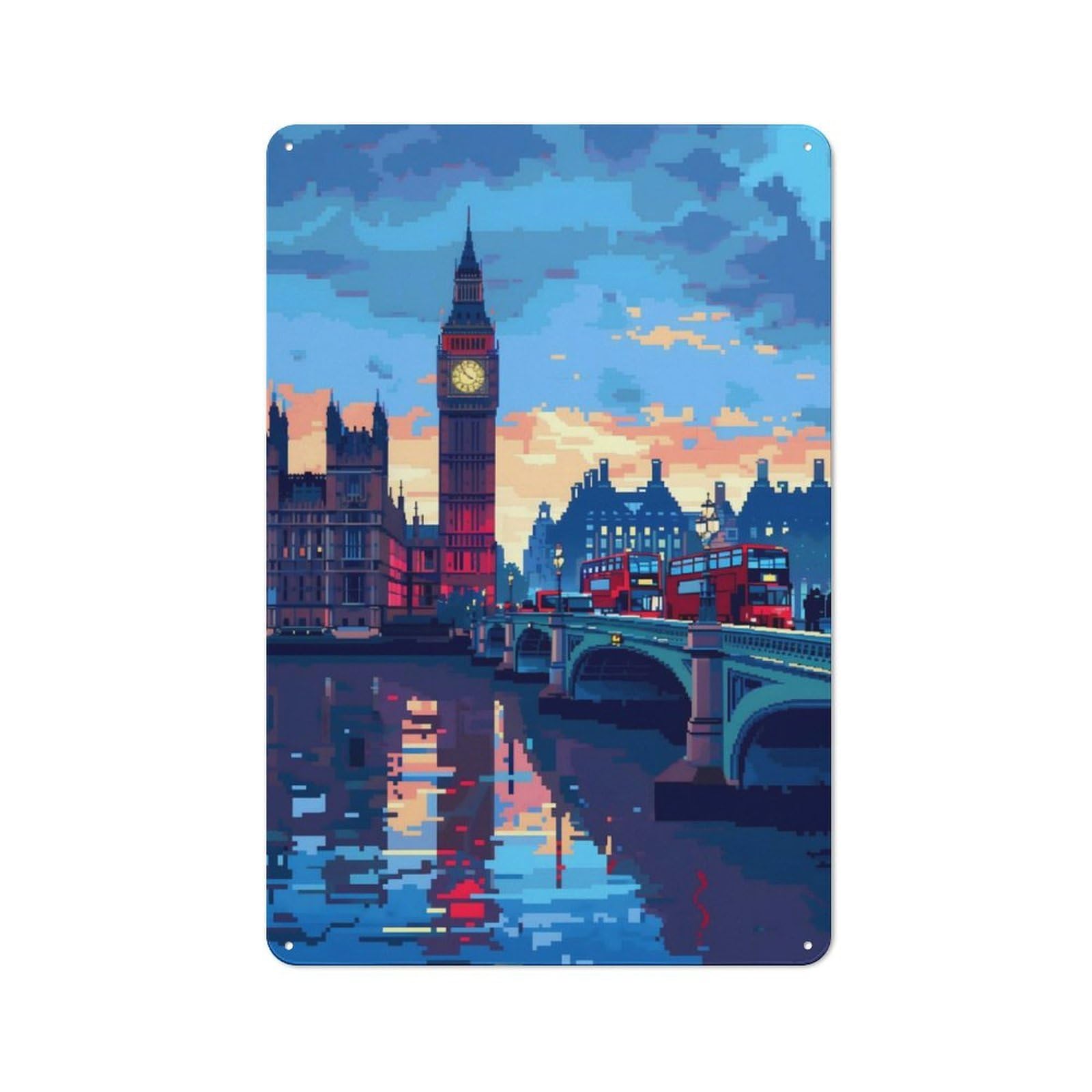 Junmoney London Big Ben Pixel Art Metal Sign 30X20cm With For Workshop Wall, Rustic Decor, For Collectors Decorating Workshops And Hobby Rooms
