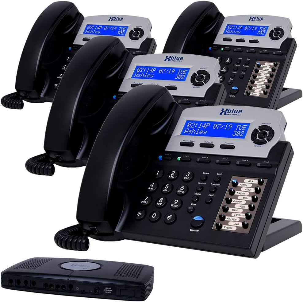 XBLUE X16 Small Business Phone System Bundle with (4) Phones - (6) Outside Line & (16) Phone Capacity - Includes Auto Attendant, Voicemail, Caller ID, Paging & Intercom