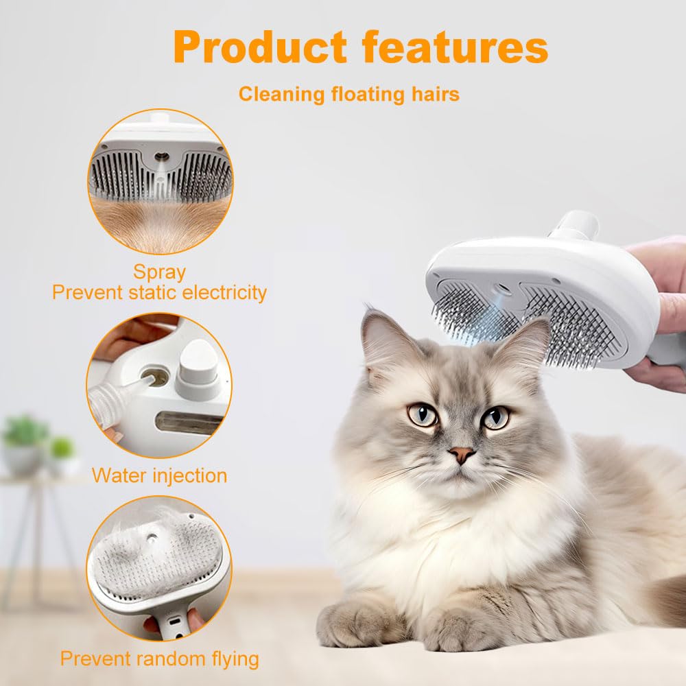 Pet Spray Haarentfernungskamm, 2025 Upgraded 3 in 1 Katzen-Dampfbürste, selbstreinigende Katzen-Dampfbürste, mit Wassertank und Entriegelungsknopf, Haustier-Dampfbürste für Hund und Katze (Rosa)