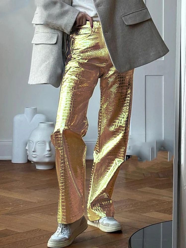 Pantalones de Cuero Anchos Rectos Dorados o Plateados para Mujer, Streetwear, Talle Alto, Cuero, para Fiesta, Club