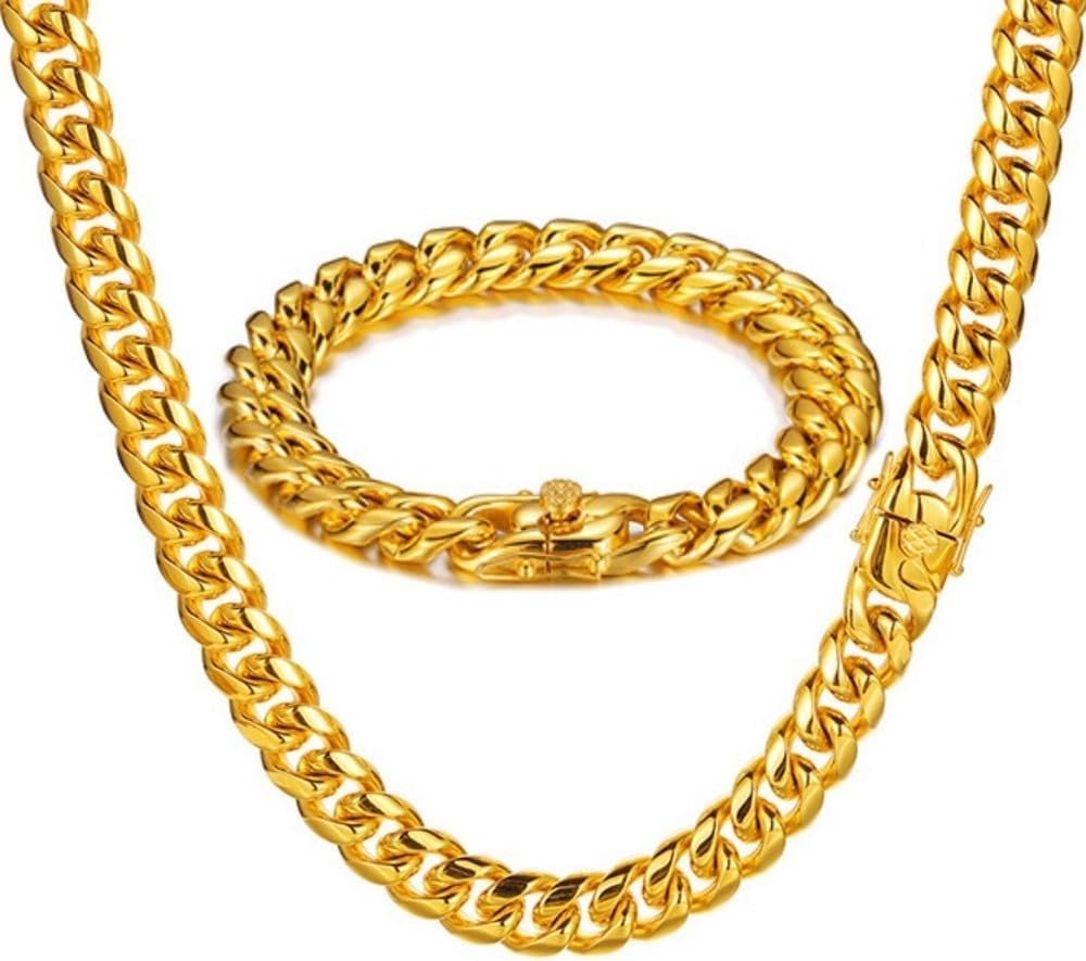 putouzip Miami Cuban Link Chain Set For Men 18K Gold Plated Stainless Steel 6/8mm Bracelet Necklace Diamond Chains