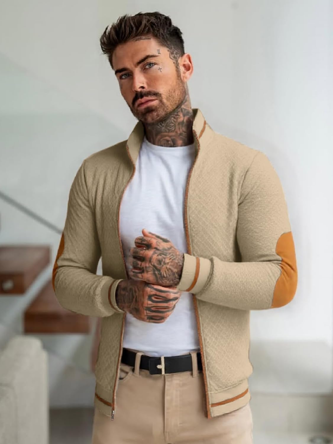 Men's Lightweight Jacket jacquard Full Zip Stand Collar Casual Stylish Bomber Jacket Varsity Coat - Image 3