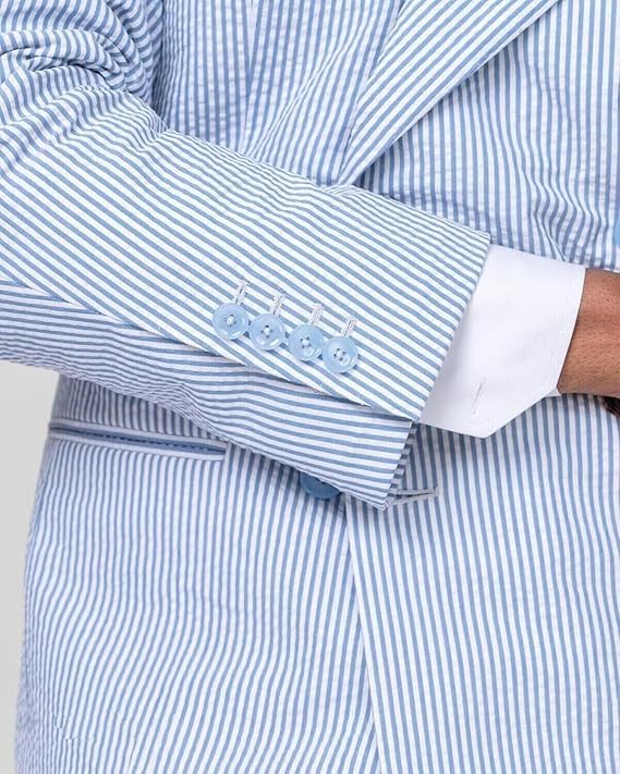 Men 2 Pieces Seersucker Suit Casual 2 Button Slim Fit Striped Suits for Men Summer Wedding Prom&Vacation&Date3