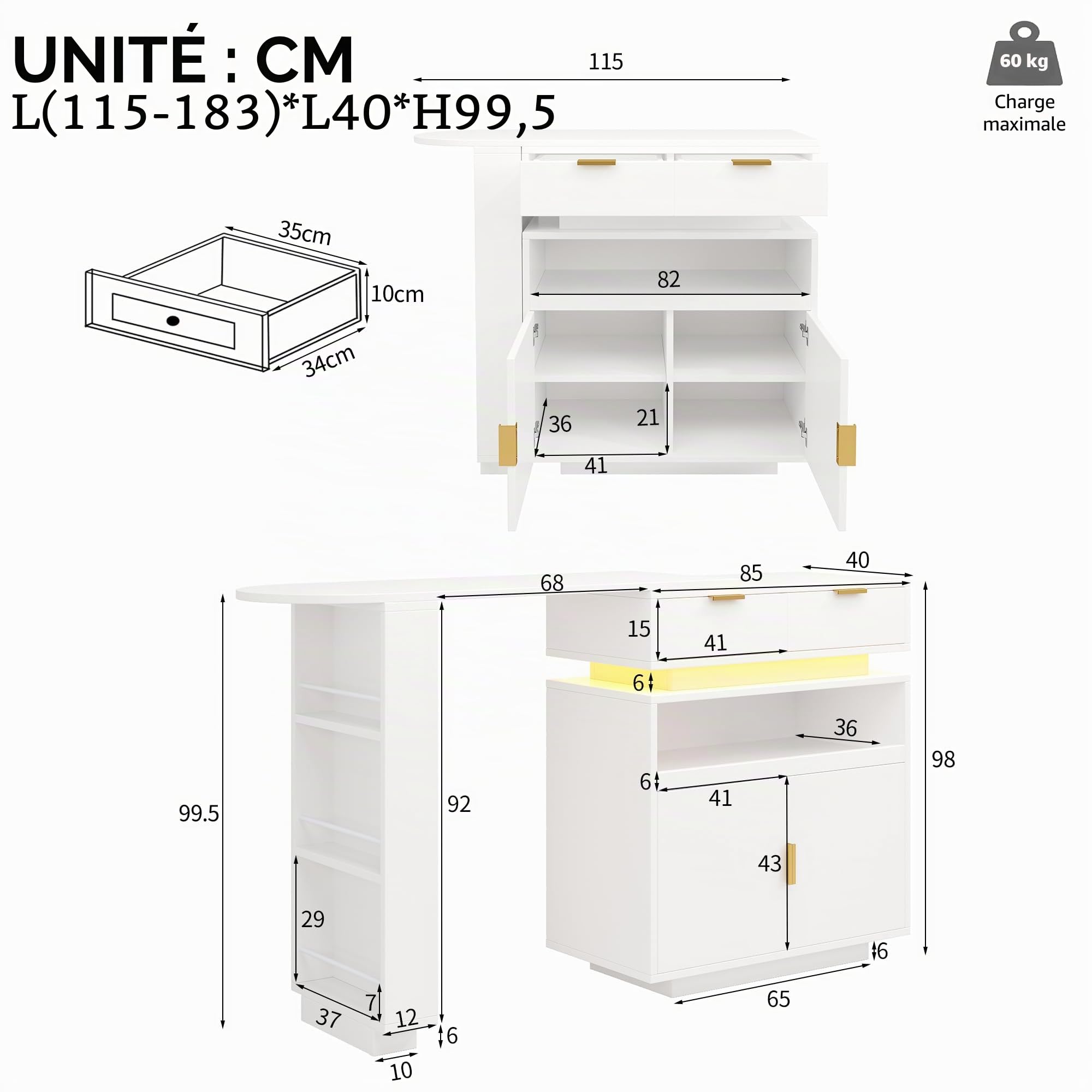 Meuble Bar Rotatif Extensible 115-183cm,îlot de Cuisine avec rangements,LED,Rotation 360,Table Extensible–Bar à café Mobile pour Cuisine et Salle à Manger,Blanc