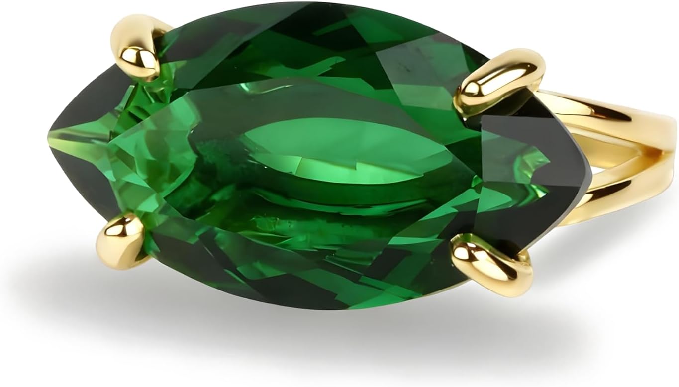 14k Gold Natural Emerald Ring - Elegant Marquise Rings for Women - Green Stone Fashion Jewelry - Artisan Statement Ring - May Birthstone Rings - Choose Your Ring Size