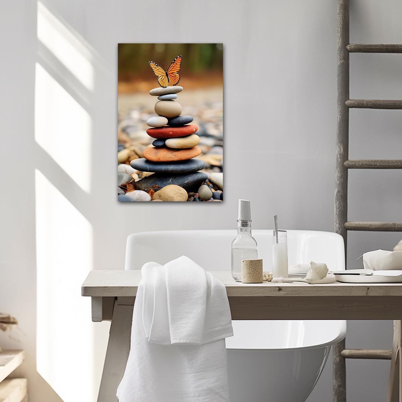 CXHOSTENT Zen Canvas Wall Art Zen Stone Bathroom Pictures Butterfly Canvas Print Spa Painting Framed Artwork for Yoga Meditation Room Spiritual Gift (Zen-2, 12.00"x18.00") - Image 3
