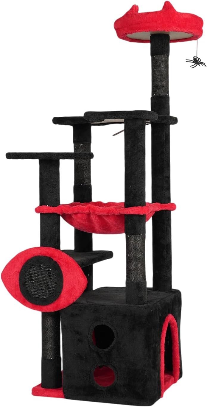 Halloween Gothic Cat Tree, 53" Heavy Duty Black Cat Tower for Large Cats,Goth Kitty Tree with Padded Perch, Spacious Condo, Comfy Hammock, Scratching Post