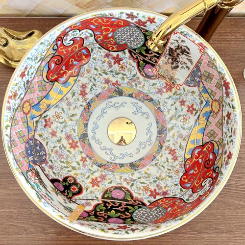 1 ganzer Satz Waschbecken Retro Luxus Stil Keramik Waschschalen mit Gold Wasserhahn und Abflussgarnitur Pop-up ohne Überlauf für Badezimmer Eitelkeit oben, Handmade Waschplätze aus Jingdezhen.