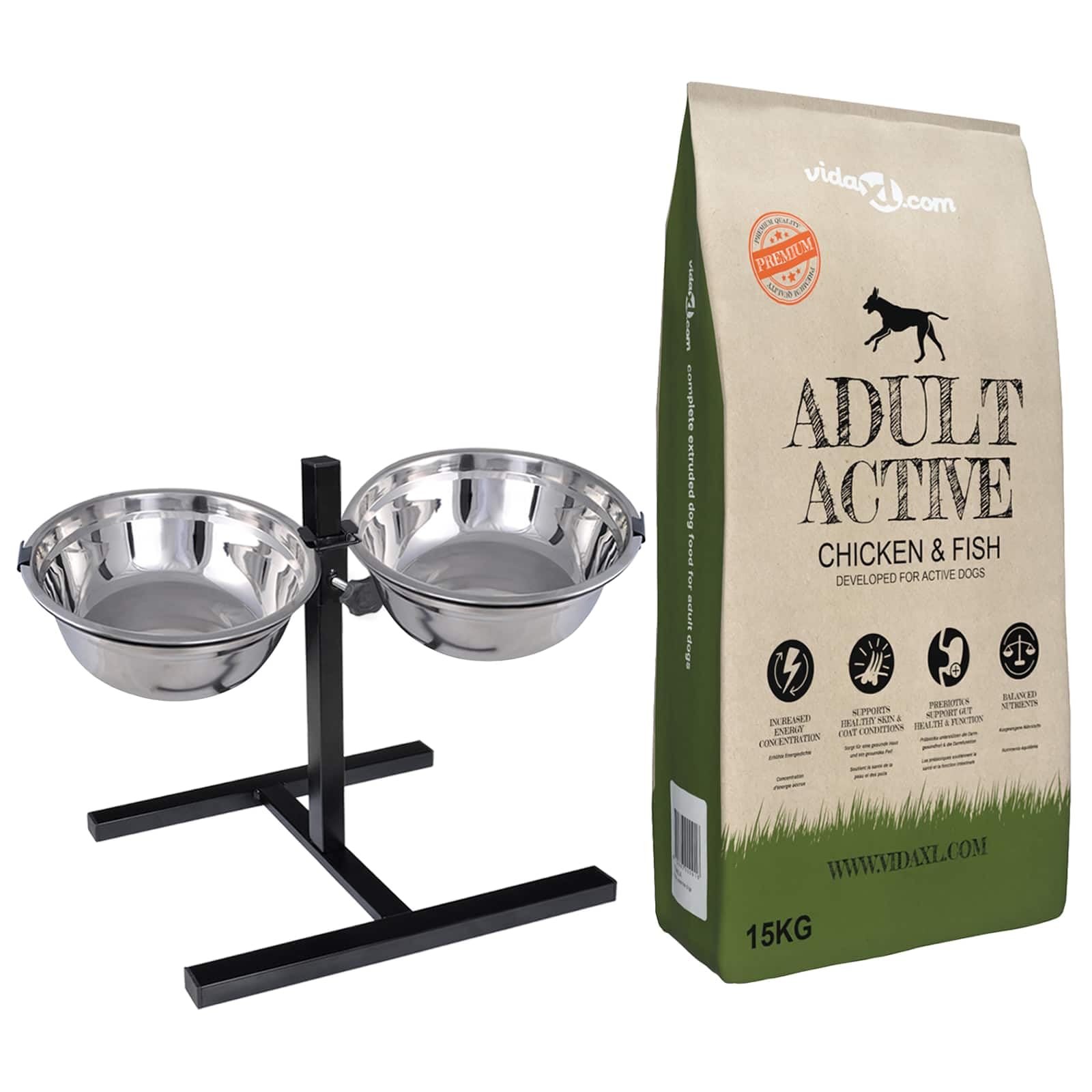 Comedero ajustable con 2 cuencos de acero inoxidable, comedero con 15 kg de comida para perros, marco de acero con recubrimiento en polvo, resistente a los arañazos para perros, gatos