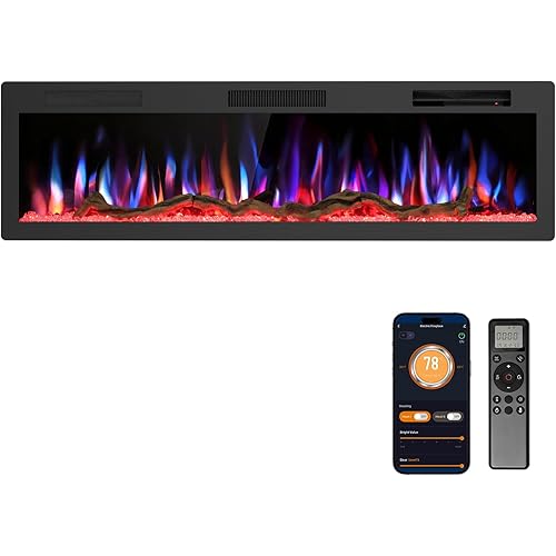 R.W.FLAME 60" Recessed and Wall Mounted Smart Electric Fireplace, Alexa/WiFi Enabled, APP Control with Multiple Sound Modes, Remote Control with Timer, Adjustable Flame Colors and Speed