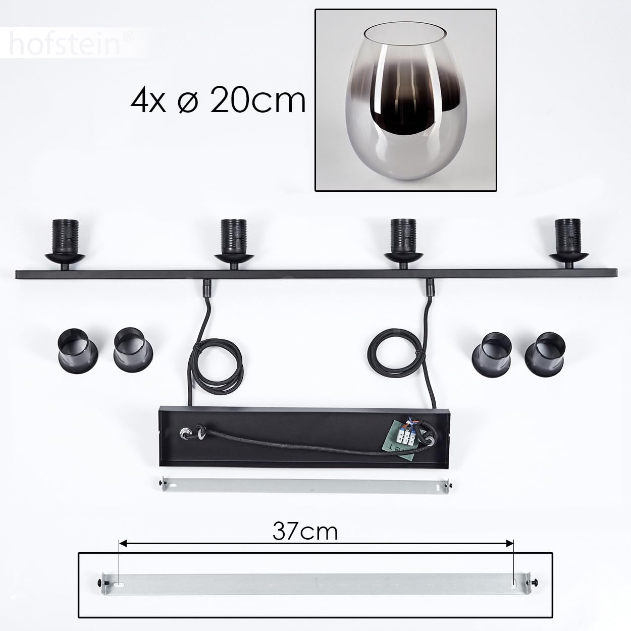 Pendelleuchte Vevino, Hängeleuchte aus Metall/Glas in Schwarz/Chromfarben/Klar, Leuchte im Vintage/Retro Design, Schirme aus Glas (Ø 20 cm), 4-flammig, Höhe max. 111,5 cm, 4 x E27, ohne Leuchtmittel