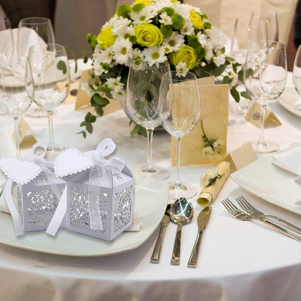Exclusive Discount 80% Offer 100 Pcs Party Favor Box,Pearl White Paper Laser Cut Heart Gift Candy Box,Wedding Decoration with 100 Ribbon and 100 Blank Love Heart Tags